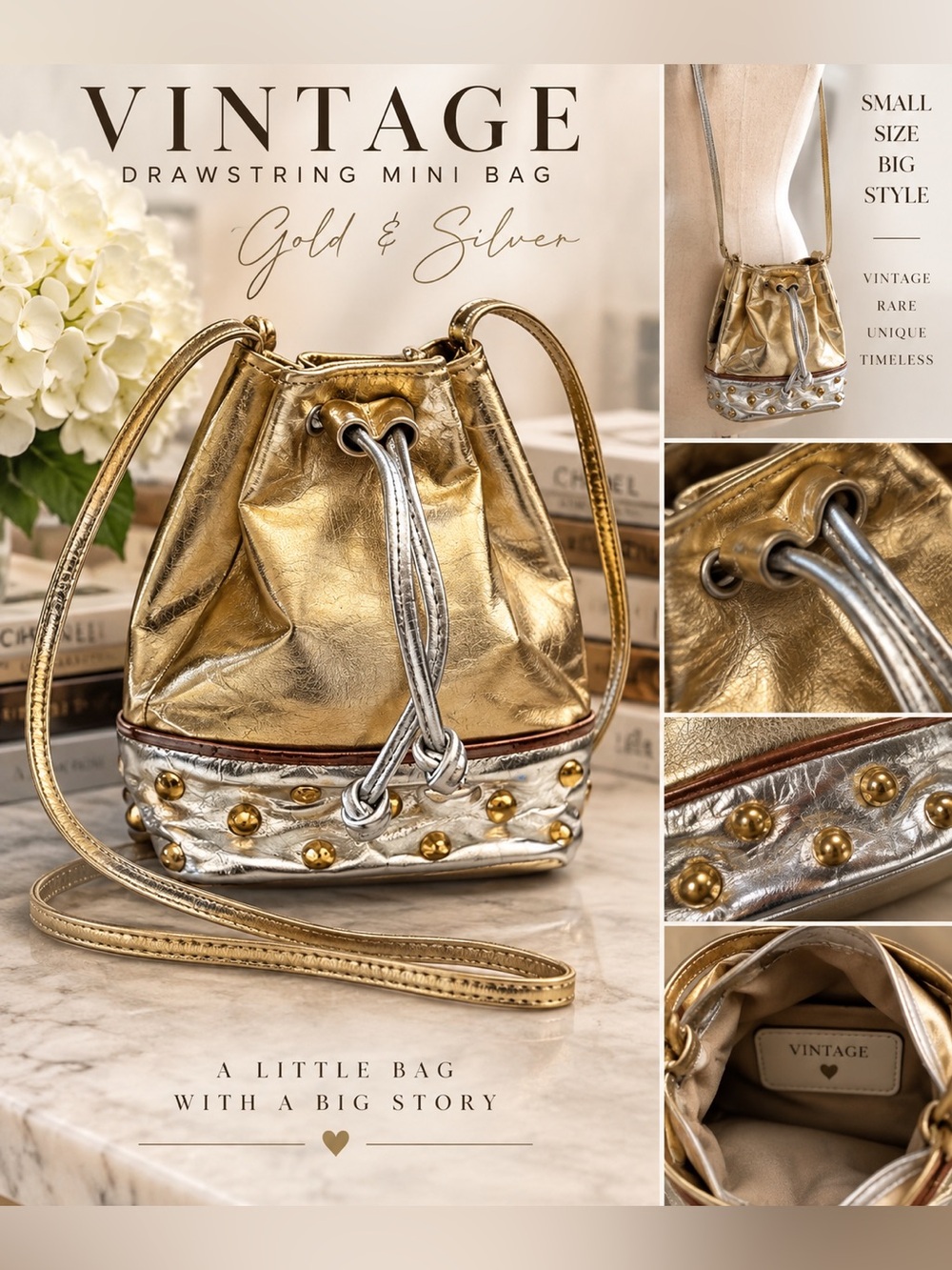 Adorable Metallic Vintage Draw String Bag Gold Silver